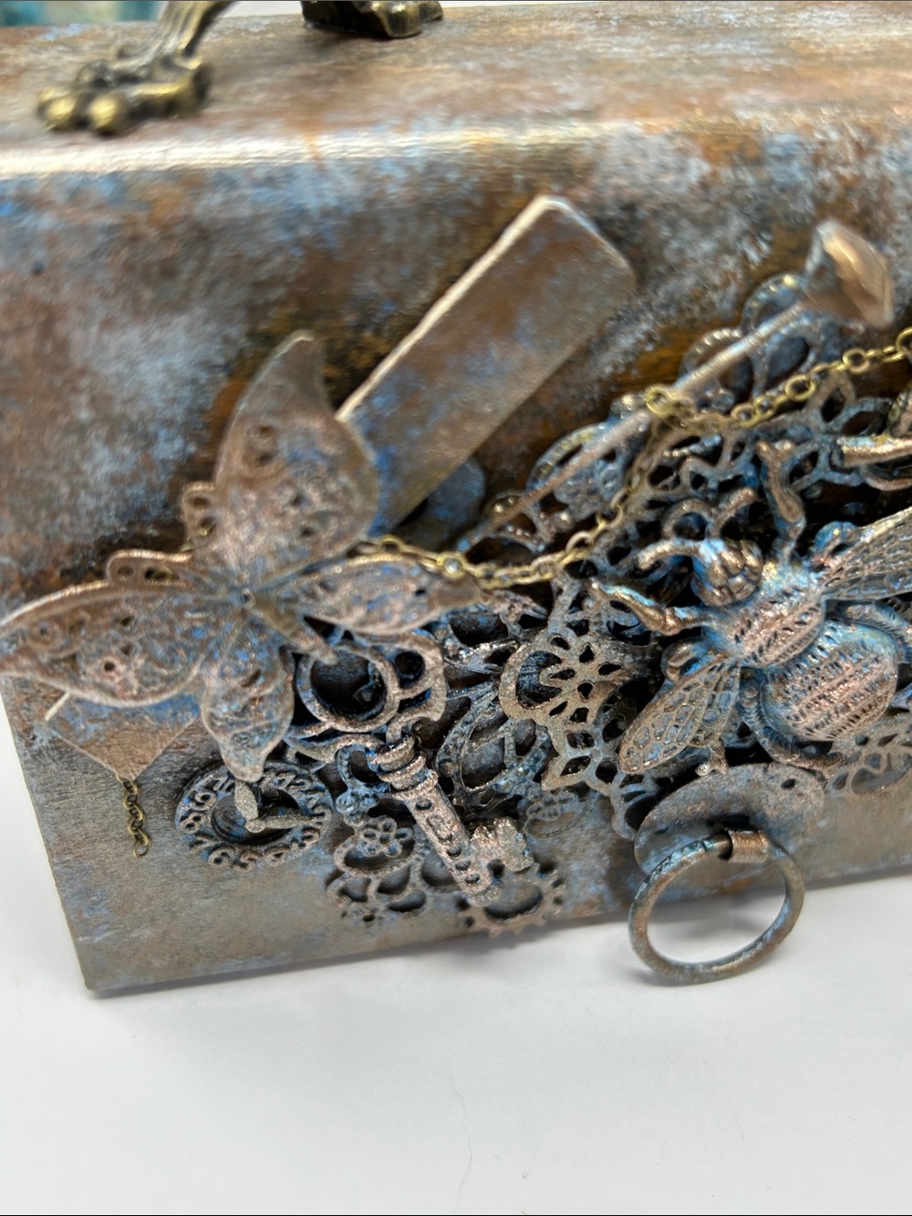 Steampunk Metal Accent Wood Piece with Bee Motif - Bronze Blue Patina - Picture 5 of 9